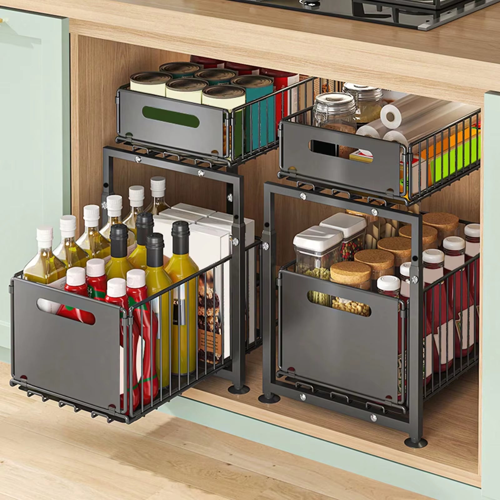 Pull-Out under Sink Storage Rack – 2-Tier Sliding Basket Organizer for Kitchen, Bathroom, Pantry & Household Storage.