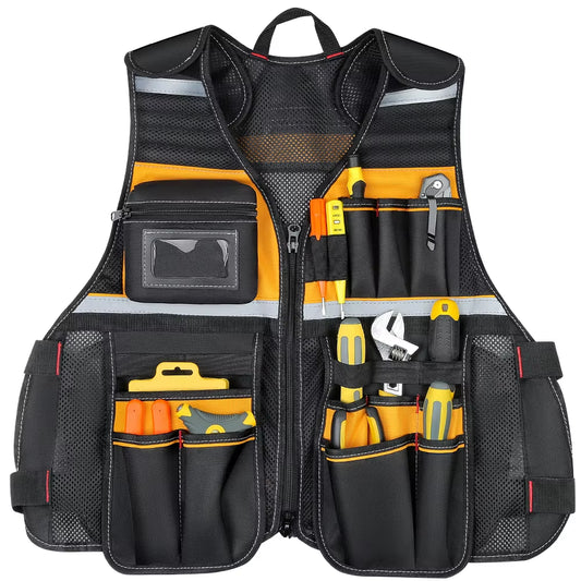 Multi-Pocket Tool Vest with Reflective Strips, Durable Oxford Fabric, Black and Yellow