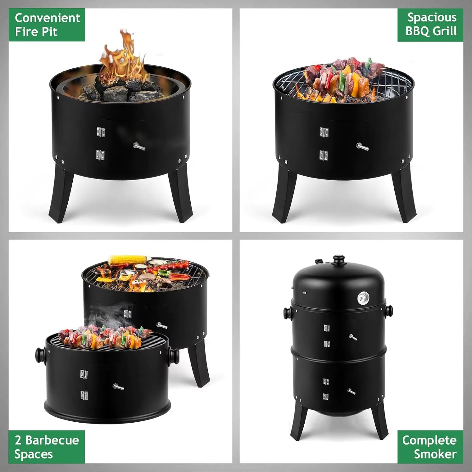 16 Inch Charcoal BBQ Smoker Grill,3-In-1 Portable Vertical Grill Cooker with Built-In Thermometers & Adjustable Vent Systems