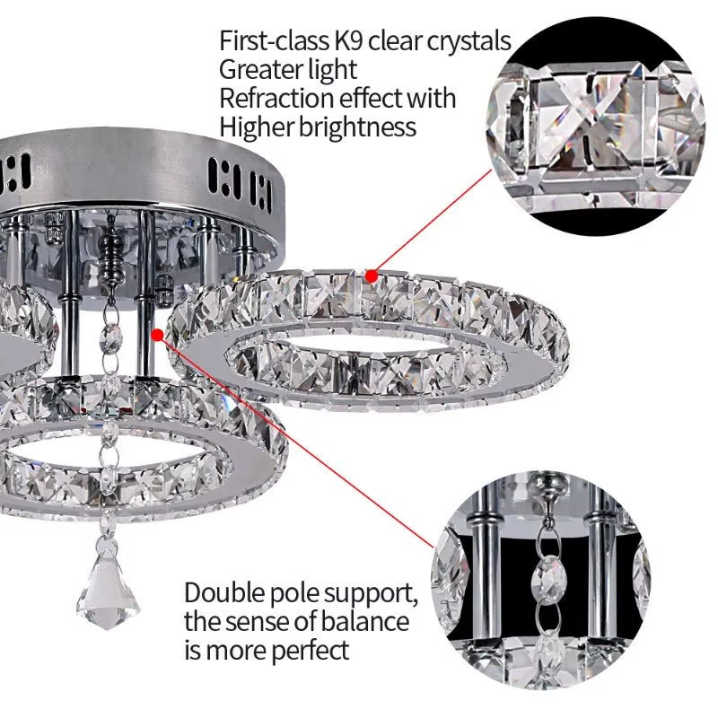 Modern Ceiling Lamp Pendant Light Crystal Led Chandelier Fixture Rings Stainless Steel Plafonnier Kids Bedroom Home Decor Indoor