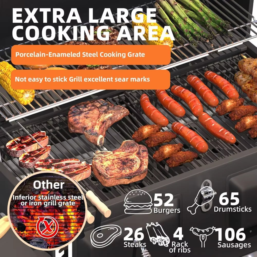 36 in Extra Large Charcoal Grill - 620 Sq.In Oversized BBQ Area with Thermometer & Individual Lifting Charcoal Trays, Storage C