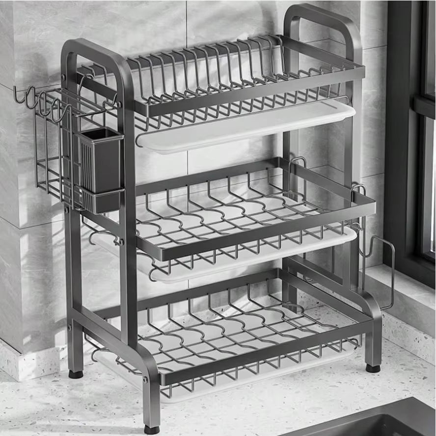 Dish Drying Rack, 3-Tier Space-Saving Dish Rack for Kitchen Counter, Metal Kitchen Organizers and Storage Rack, Large Capacity D