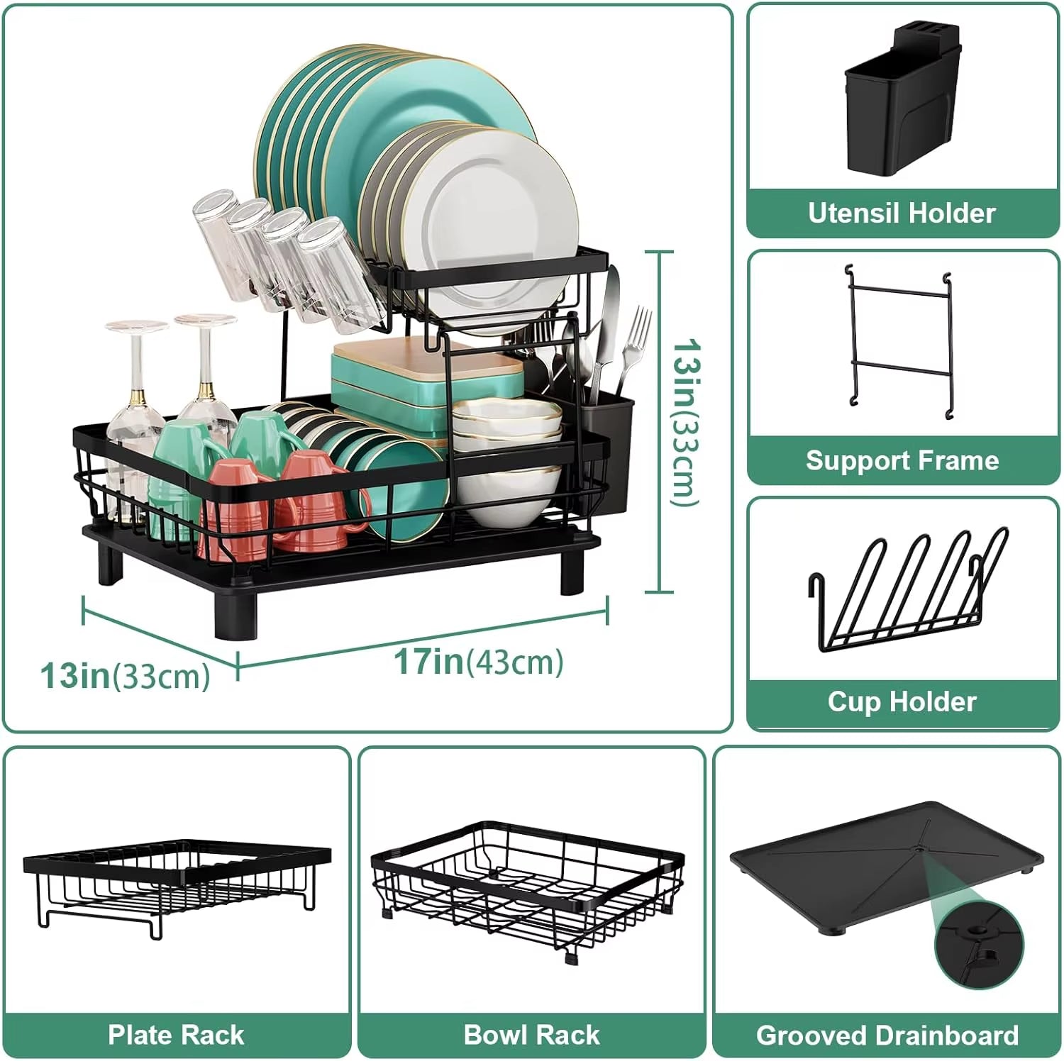 Kitchen Countertop Large Dish Drying Rack Removable High-Capacity Dish Drainer Double-Layer Dish Rack with Cutlery Storage Tray