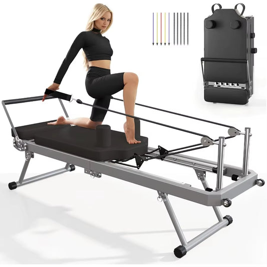 Foldable Pilates Reformer Machine with Springs Resistance for Full-Body Home Workout Adjustable Fitness Equipment in Black Suit