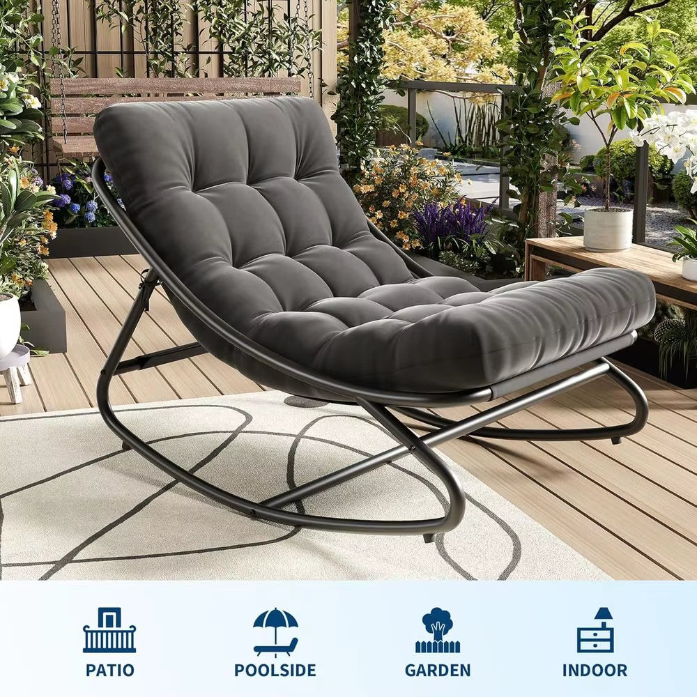 Metal Frame Outdoor Papasan Rocking Chair with Waterproof Cushion, 450Lbs, Ideal for Patio, Porch, Garden, Living Room, Dark Gre