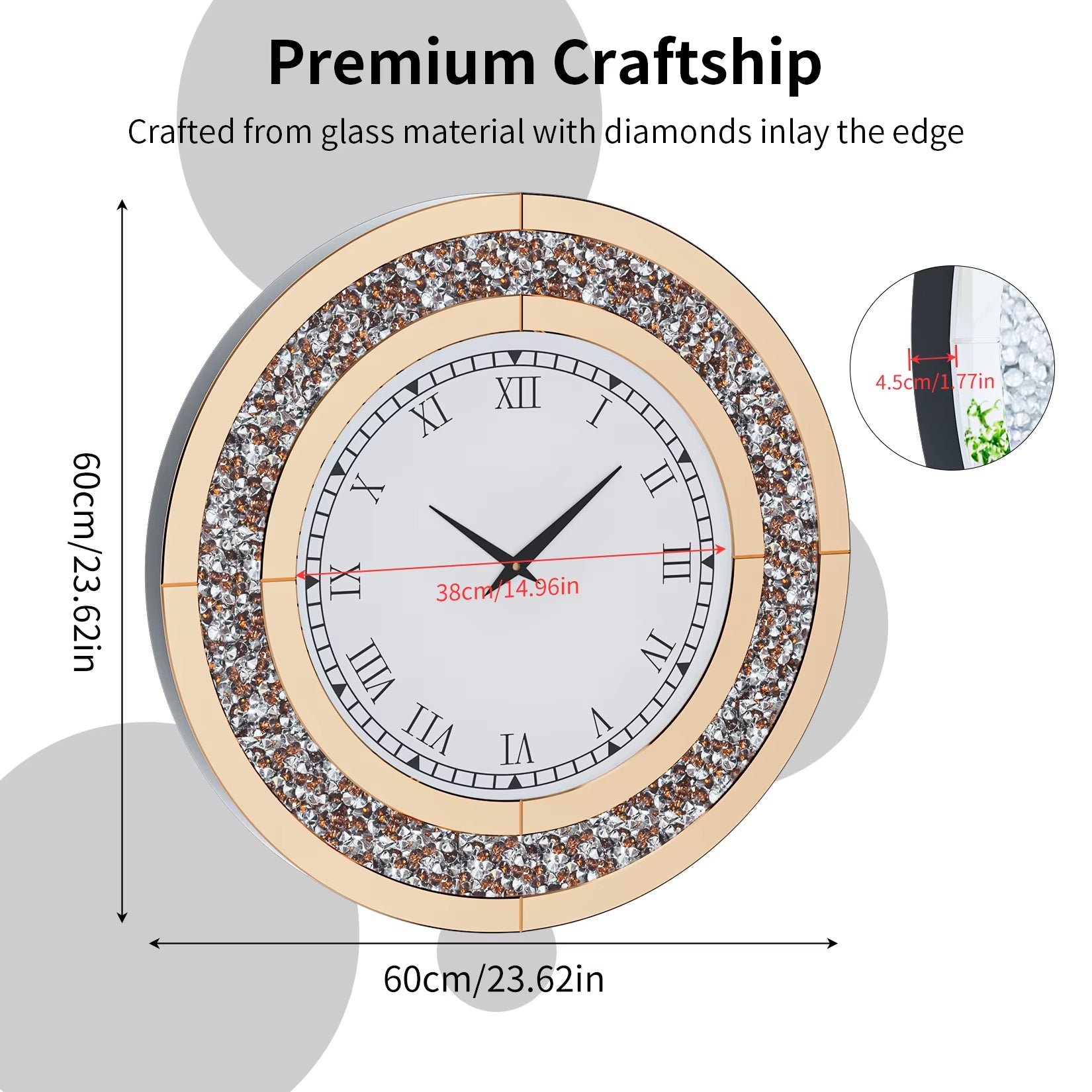 60/80CM Bling Silver round Mirror Clock Glam Sparkle Twinkle Shining Mirrored Wall Clock for Home Decor