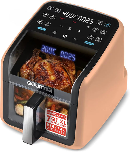 7 QT Air Fryer with Panoramic Window, Interior Light, 12 Presets & Dishwasher Safe Accessories in Peach