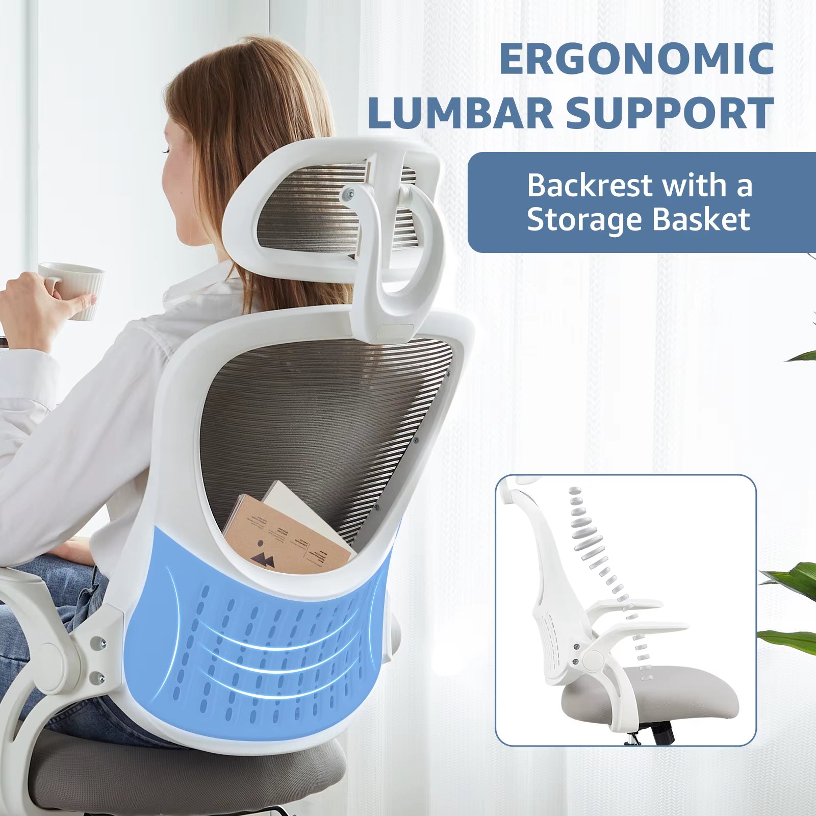 Ergonomic Mesh Office Chair with Adjustable Headrest and Flip-Up Arms, Featuring Comfortable Lumbar Support for Home Office Use