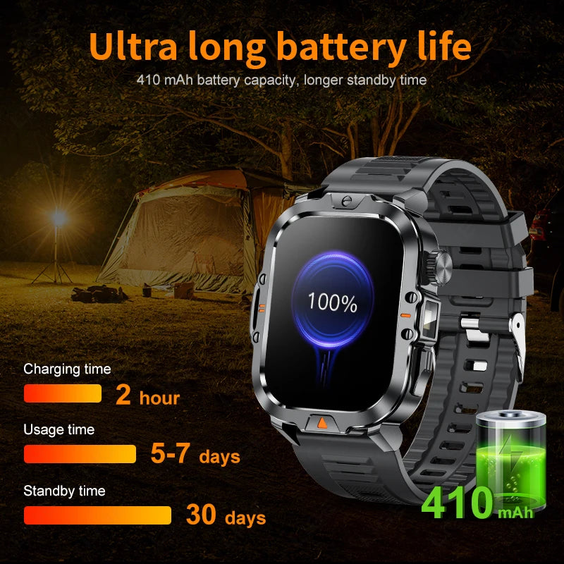 LIGE 2.01-Inch HD Screen Men Smart Watch with Flashlight Outdoor Sports Men Watch IP68 Waterproof Health Monitor Call Smartwatch