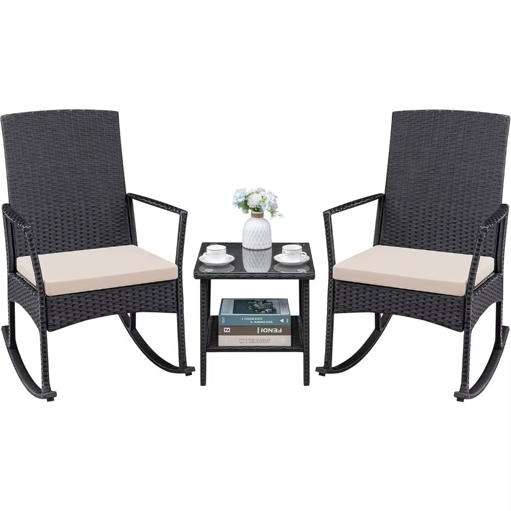 3 Pieces Patio Furniture Set Outdoor Wicker Rocking Chairs with Glass Coffee Table for Garden Backyard Porch Poolside, Beige