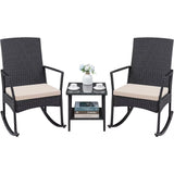 3 Pieces Patio Furniture Set Outdoor Wicker Rocking Chairs with Glass Coffee Table for Garden Backyard Porch Poolside, Beige