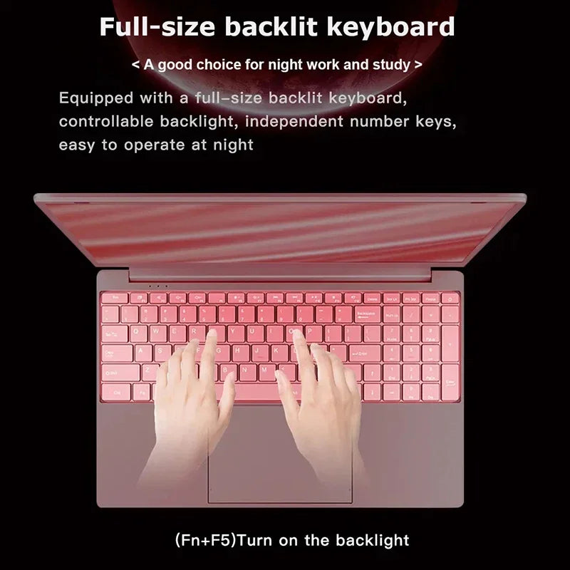 Glamorous Pink 15.6" Laptop: Windows 11 Office Education,  Celeron N5095, 16GB RAM, 1TB SSD, Dual Wifi & Ultra-Narrow Bezel