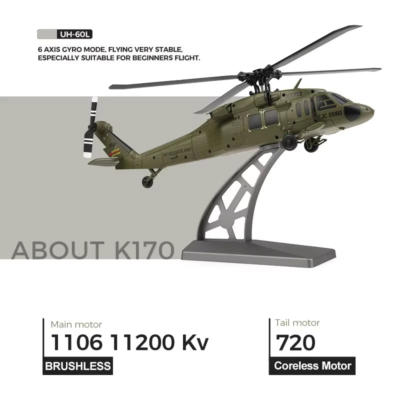 Wltoys K170 RC Helicopter with Gyro UH-60L 4CH Remote Control Brushless Helicopters with LED Light Airplane Toys for Kids