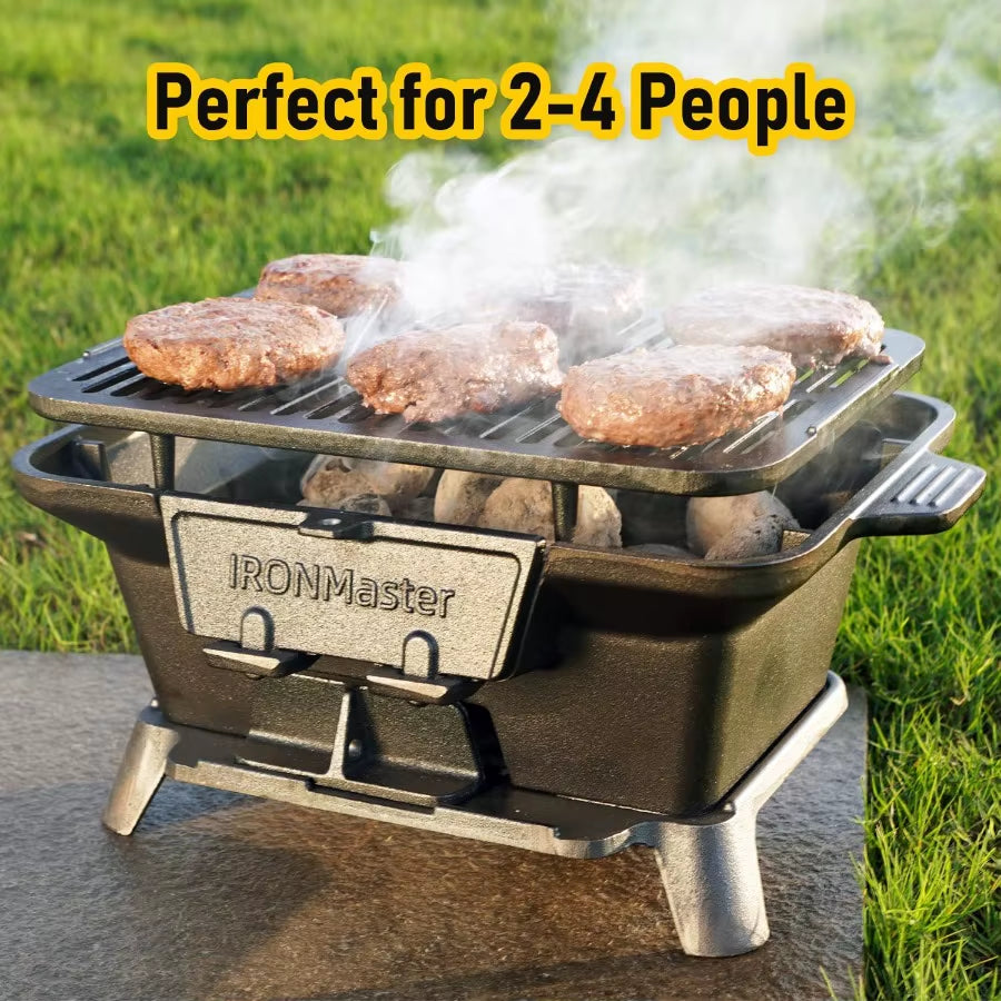 Ironmaster Hibachi Grill, Pre-Seasoned Cast Iron Charcoal Grill with 2 Heights & Air Control, Portable