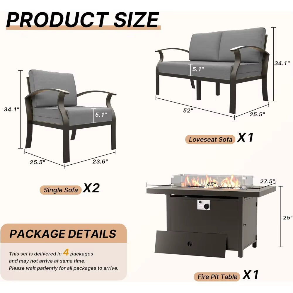 Aluminum Patio Furniture Set 4-Seat Modern Metal Outdoor Conversation Sets W/45In Propane Fire Pit Table and Loveseat