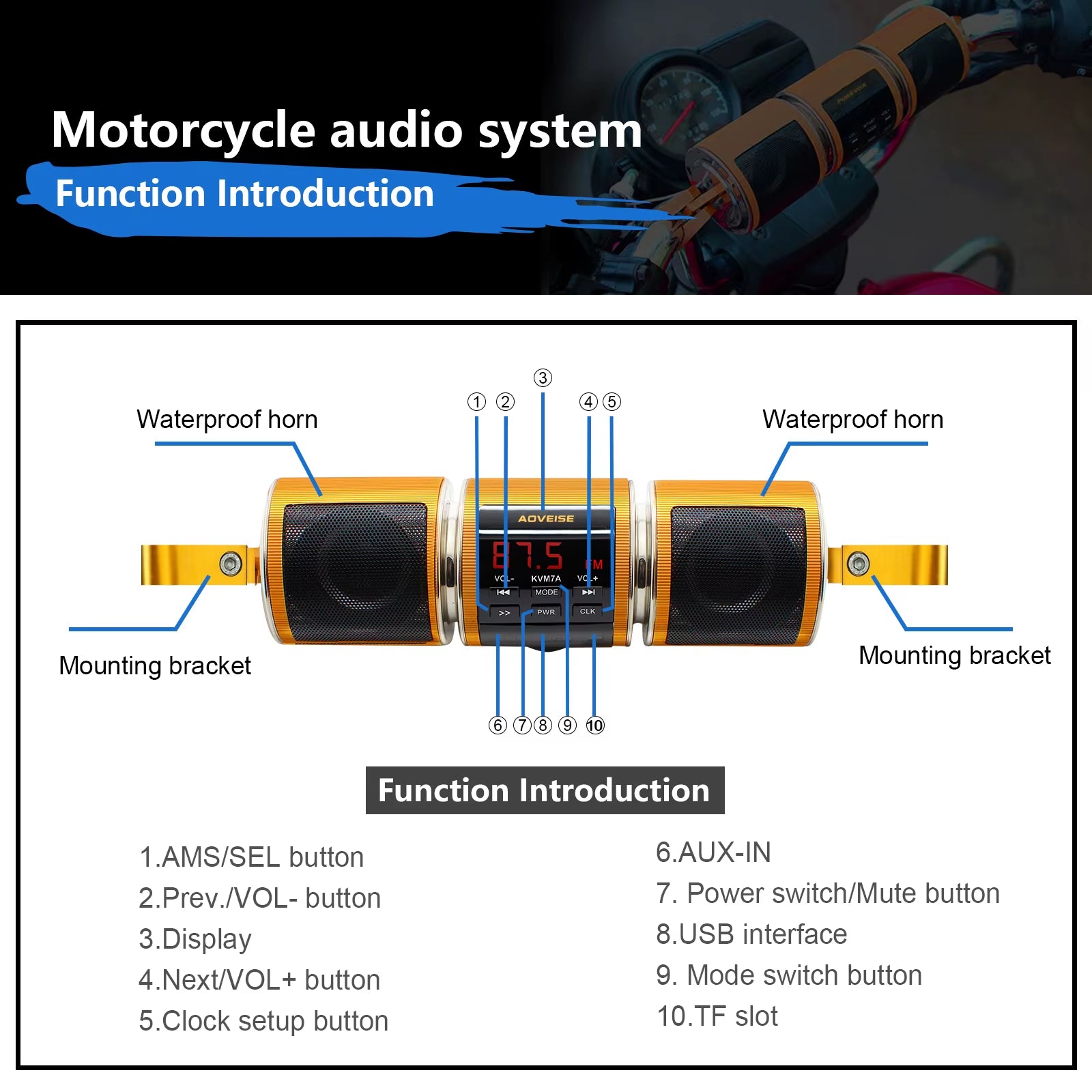 Motorcycle Speakers IP65 Waterproof Motorcycle Bluetooth Audio System - Handlebar-Mounted Speakers with USB/TF/AUX/FM