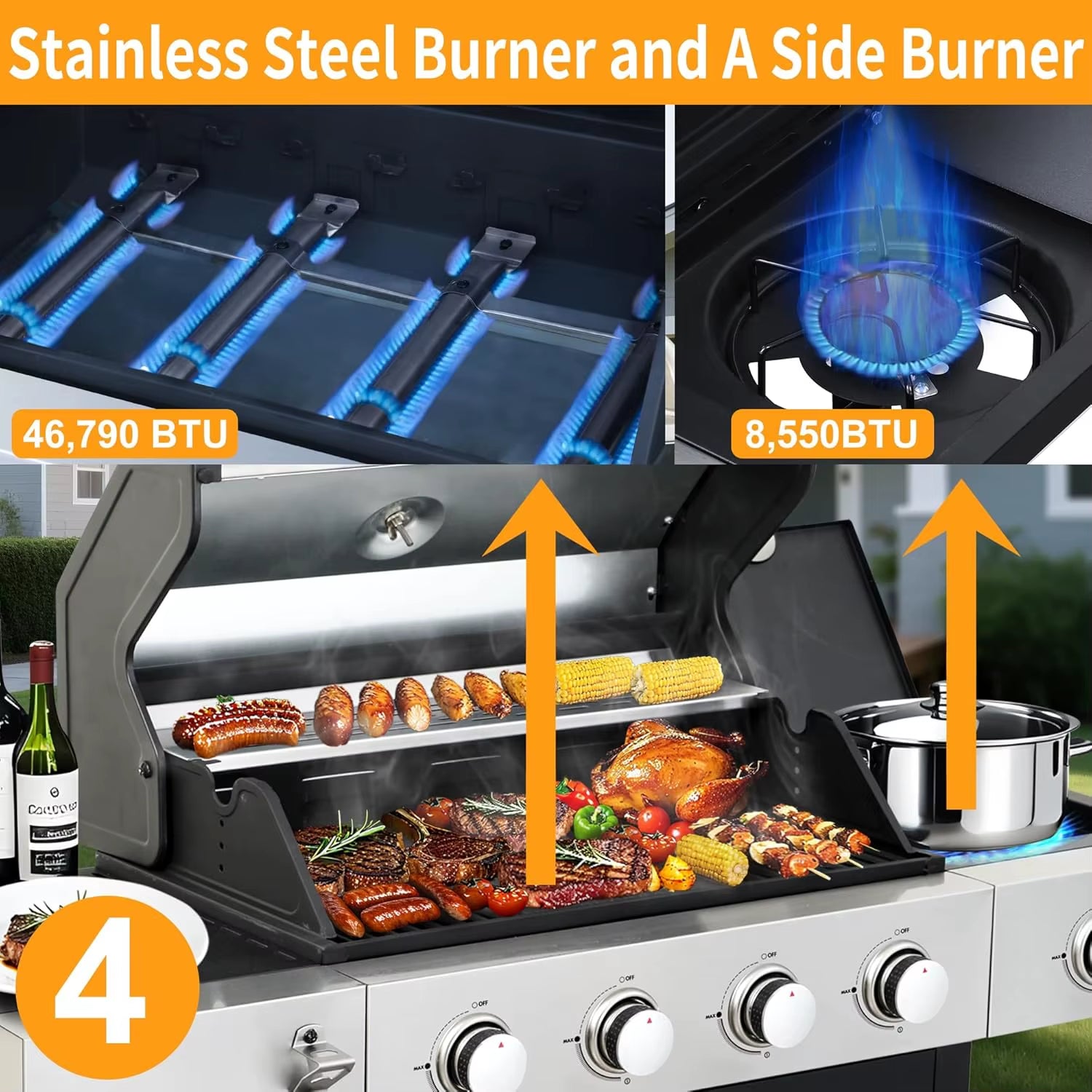 4 Burner Propane Gas BBQ Grill with Side Burner - 46890 BTU Output Stainless Steel Grill with Enameled Cast Iron Cooking Grid Si