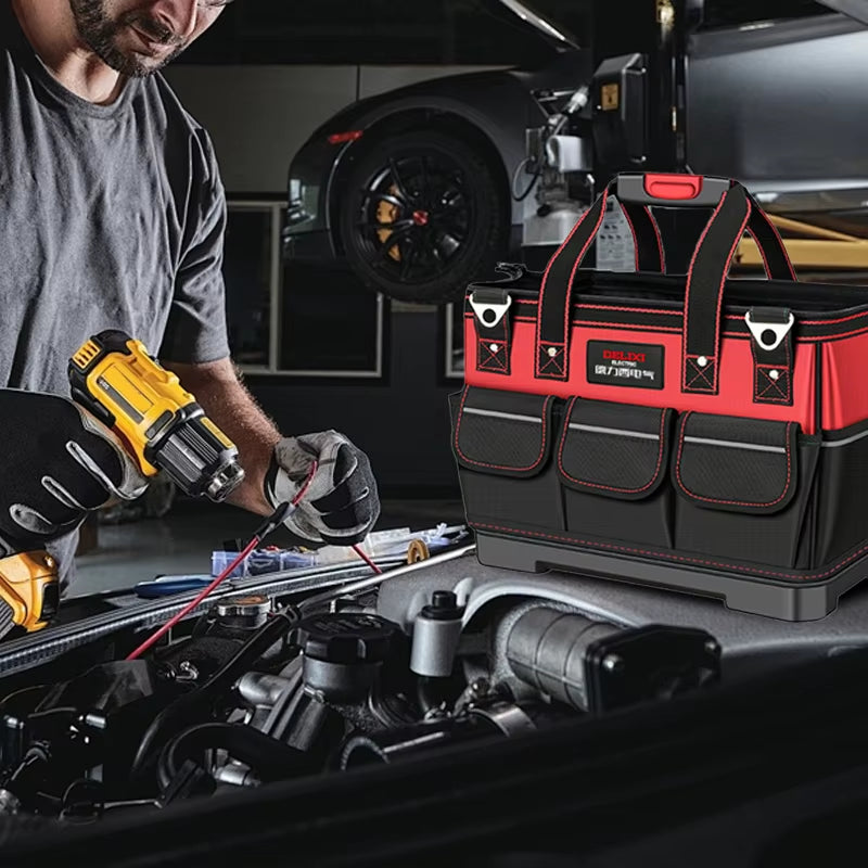 Delixi Professional Electric Tool Storage Bag with Wide Mouth Opening and Durable ABS Hard Molded Base, Ideal for Electricians, Plumbers, and Homeowners
