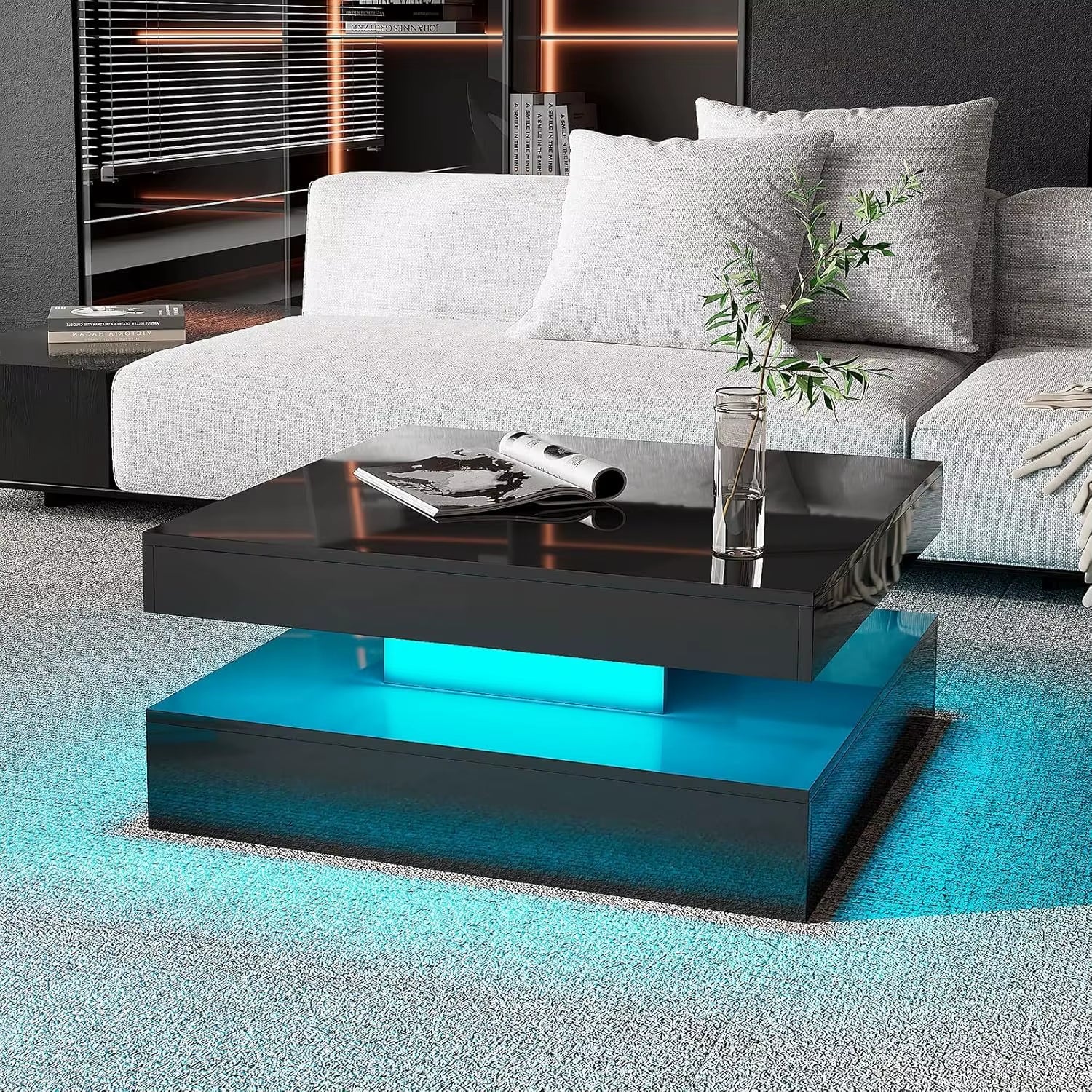 Black LED Coffee Table for Living Room, Living Room Table 2-Tier Square Middle Center Table, Modern Coffee Tables with Storage