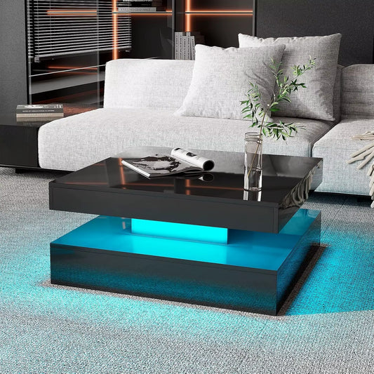 Black LED Coffee Table for Living Room, Living Room Table 2-Tier Square Middle Center Table, Modern Coffee Tables with Storage