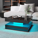 Black LED Coffee Table for Living Room, Living Room Table 2-Tier Square Middle Center Table, Modern Coffee Tables with Storage