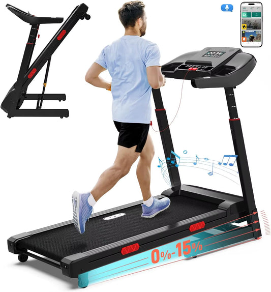 Auto Incline Treadmill with 400 Lbs Capacity - Foldable Running Machine for Home with APP, Voice Control and Speaker - 8.7 MPH