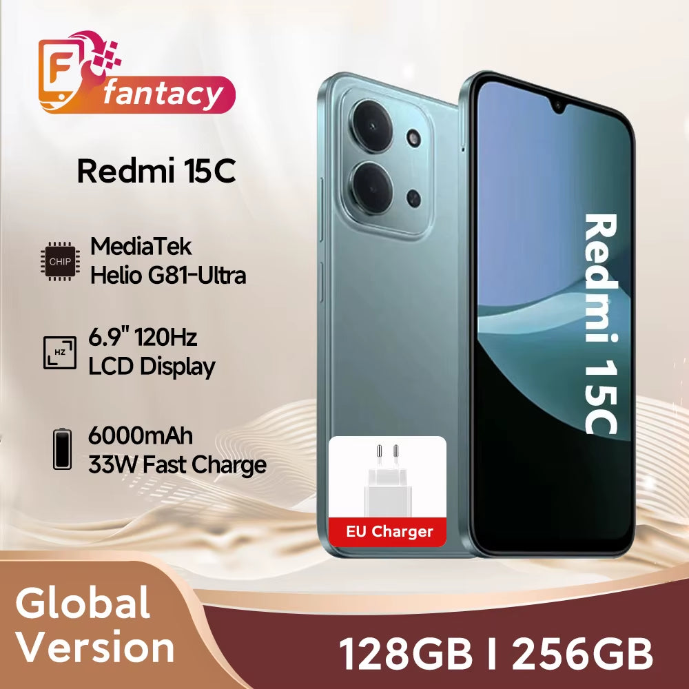 Redmi 15C Global Version 50MP Main Camera Mediatek Helio G81-Ultra 120Hz 6.9" Display 33W Charging 6000Mah Battery