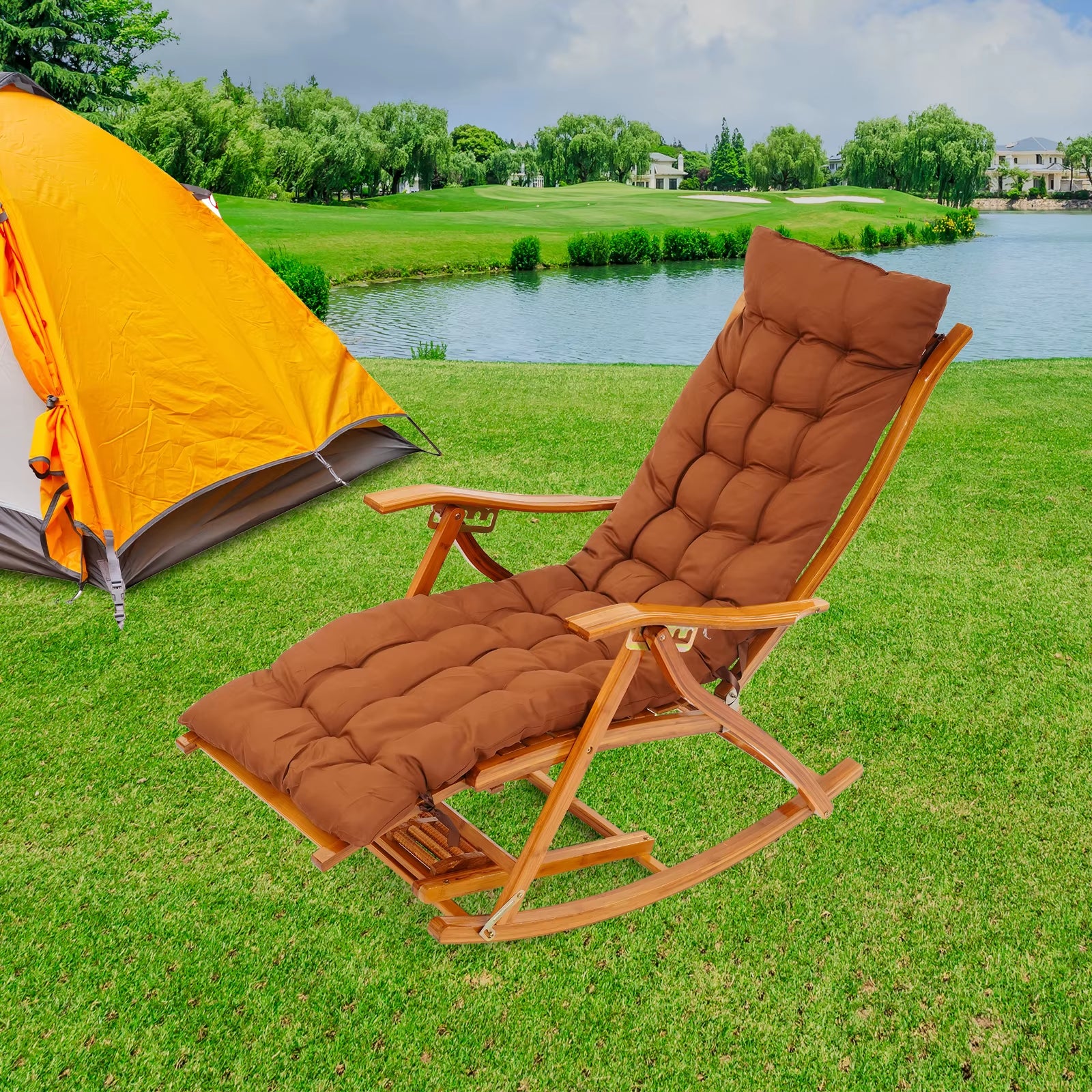 Rocking Chair, Foldable Bamboo Sun Lounger Chair, Lounge Chair with Adjustable Armrest and Footrest for Balcony Camping Garden