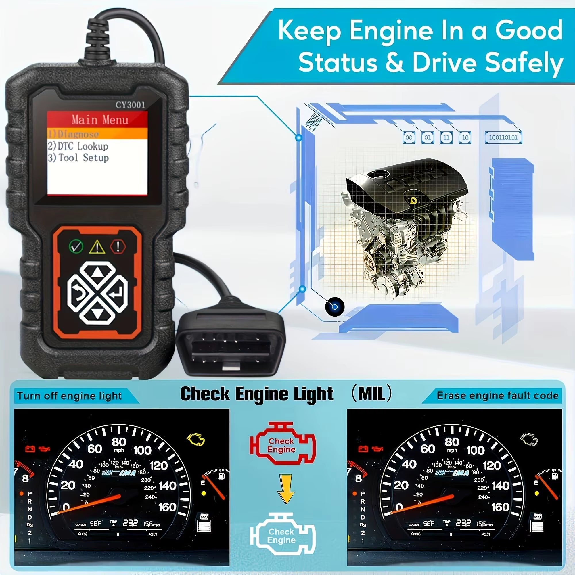 OBD2 Diagnostic Scanner and Voltage Tester for Automotive Engine Fault Codes - Model CY3001
