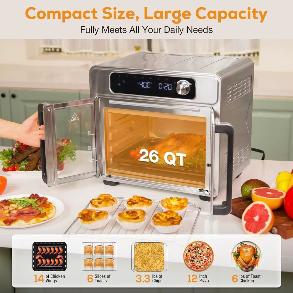 26-Quart French Door Air Fryer Toaster Oven with 24 Functions, Digital Controls, 12 Pizza, 6-Slice Toast, 6Lb Rotisserie, 6 Acce
