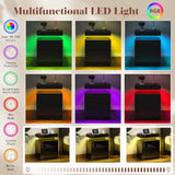 Set of 2 Nightstands with Charging Station and LED Light, Modern Side Table with 2 Drawers and Open Storage Shelf, End Table