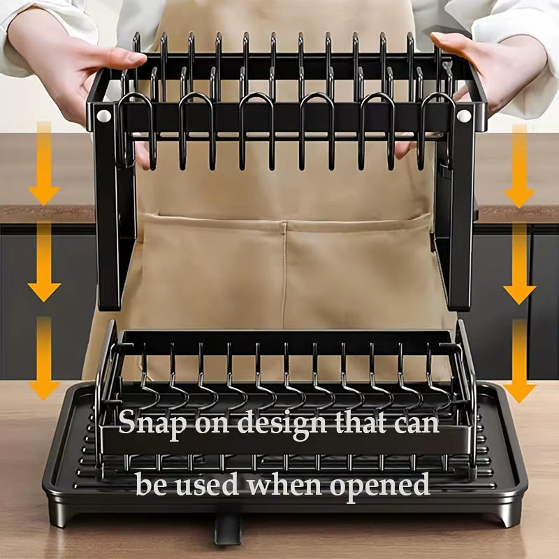 2-Tier Dishwasher with Drain Tray for Tableware, Cutlery, and Tray Storage - Kitchen Countertop Drying Rack