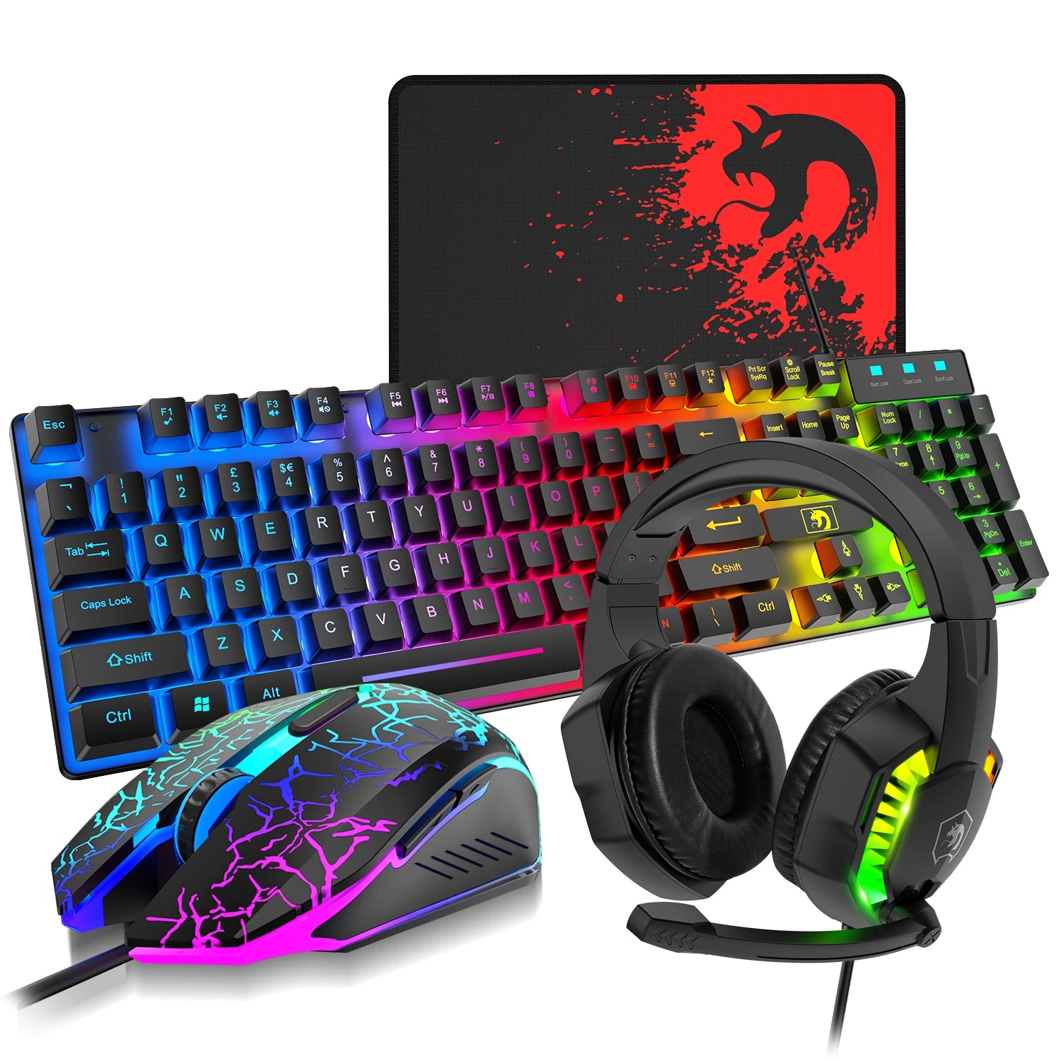 MANBASNAKE T11 Wired Gaming Keyboard and Mouse Headset Combo,Rainbow LED Backlit Wired Keyboard