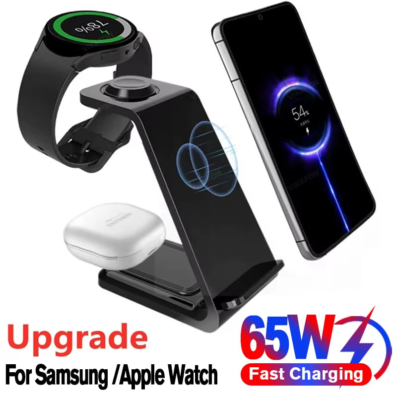 65W Fast Wireless Charger Stand for Iphone 16 15 14 Samsung S24 S23 Apple Watch 8/7 Samsung Galaxy 6/5 3 in 1 Charging Station