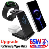 65W Fast Wireless Charger Stand for Iphone 16 15 14 Samsung S24 S23 Apple Watch 8/7 Samsung Galaxy 6/5 3 in 1 Charging Station
