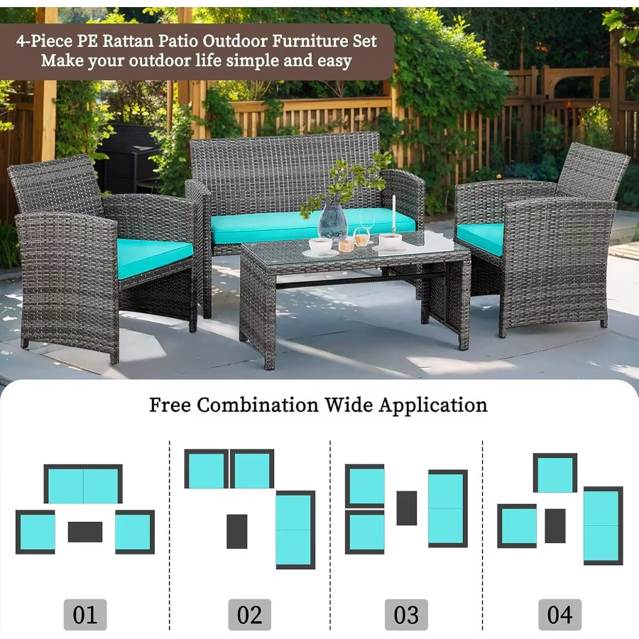 4Piece Outdoor Patio Rattan Furniture Set with Cushions and Tempered Glass Tabletop for Garden Deck or Balcony Durable Wicker C
