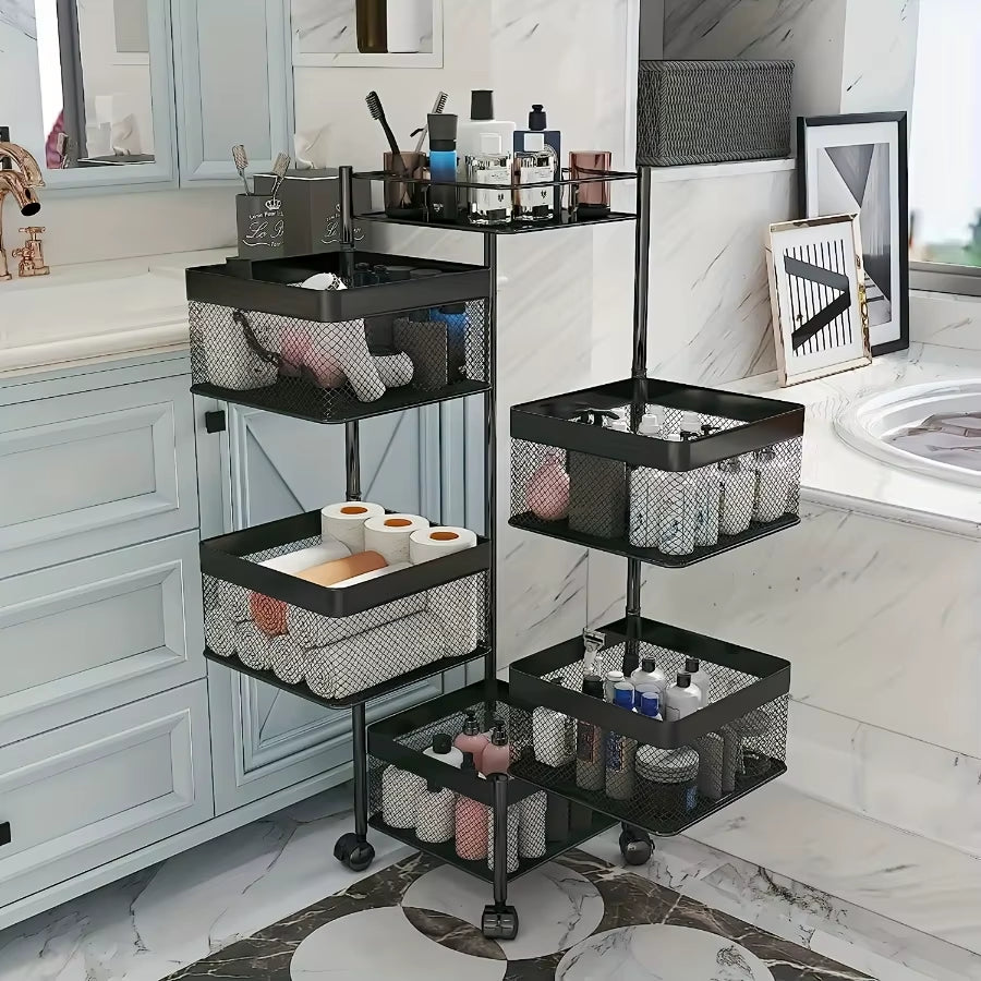 Kitchen Storage Shelf, Rotating 5-Tier Metal Fruit Vegetable Basket, Multi-Layer Storage Trolley on Wheels