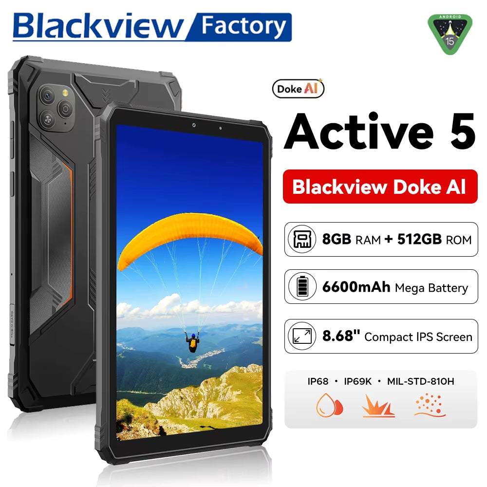 Active 5 Rugged Tablet PC 8.68" - Unisoc T615 Octa-Core, 8GB RAM, 128GB Storage, 6600mAh Battery, Android 15
