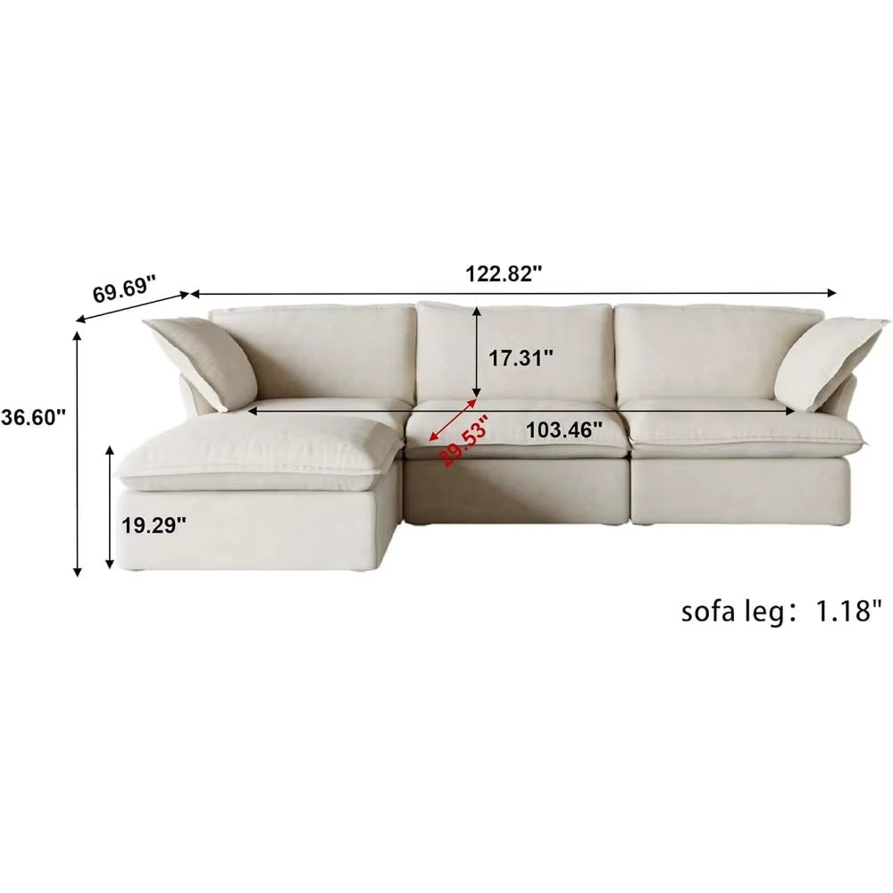 L-Shaped Plush Cloud-Like Sectional Sofa with Chaise and Removable Covers, Ideal for Living Rooms (Beige)