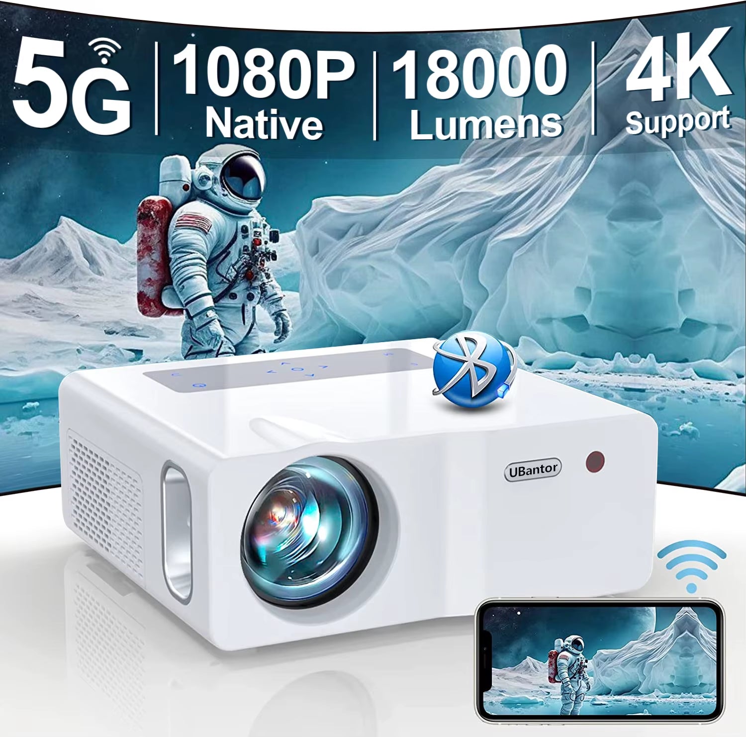 Native 1080P 5G Wifi Projector/18000Lm/Outdoor Movie/Projector 4K Suppor Ios/Android/Win/Tv Stick/Ps5 Whitet/ Max 450" Display