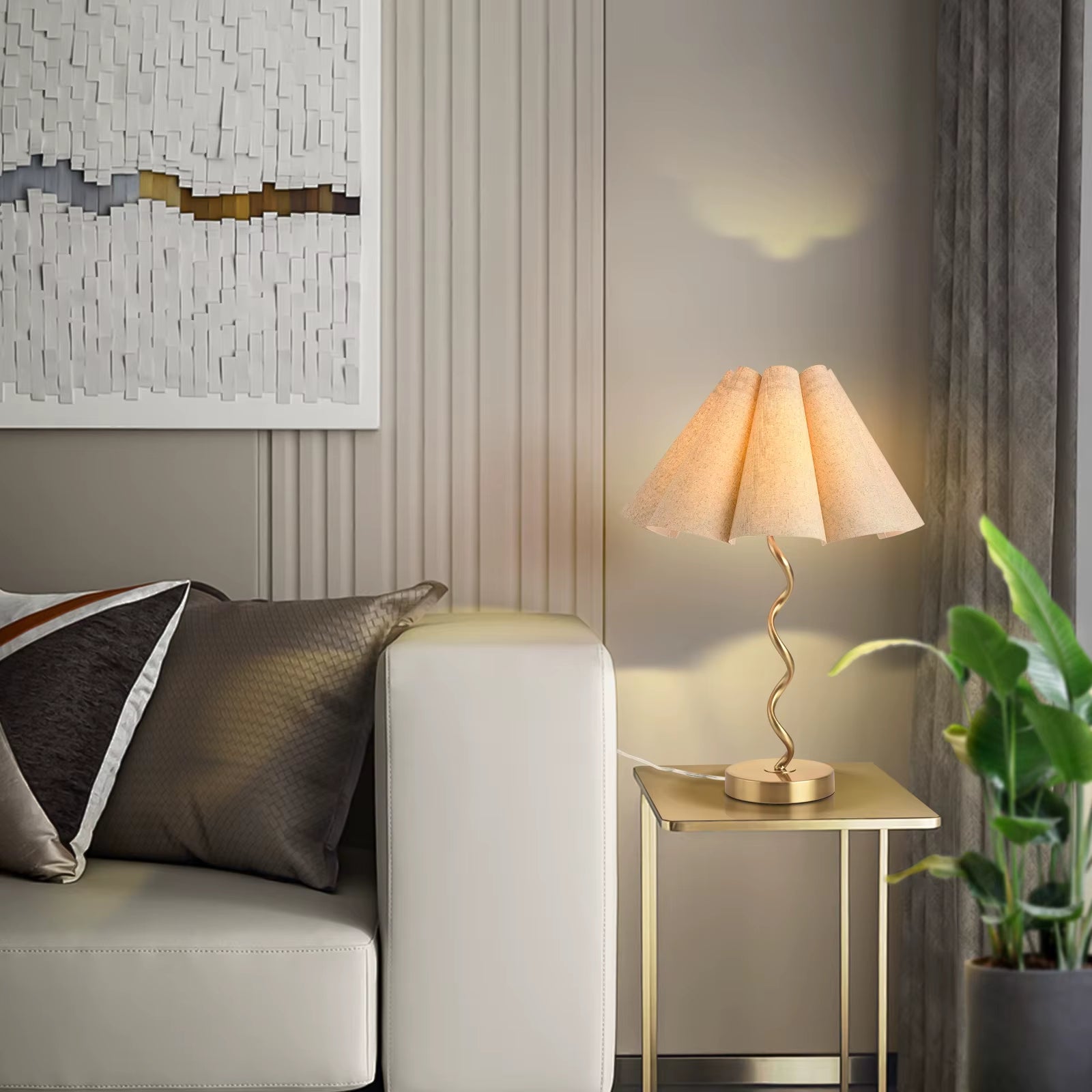 Gold Modern Table Lamp, Scalloped Pleated Desk Lamps Wavy Lamp for Bedside, Bow Table Lamps for Kitchen Counter, Nightstand Deco