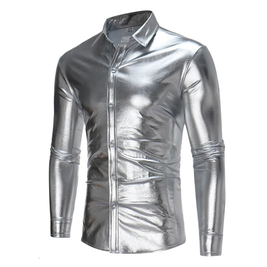 Gold Shining Men'S Long Sleeve Shirt, Stage Performance Costume, Fashion Casual Shirts,European Size S-Xl,Silver Black Available