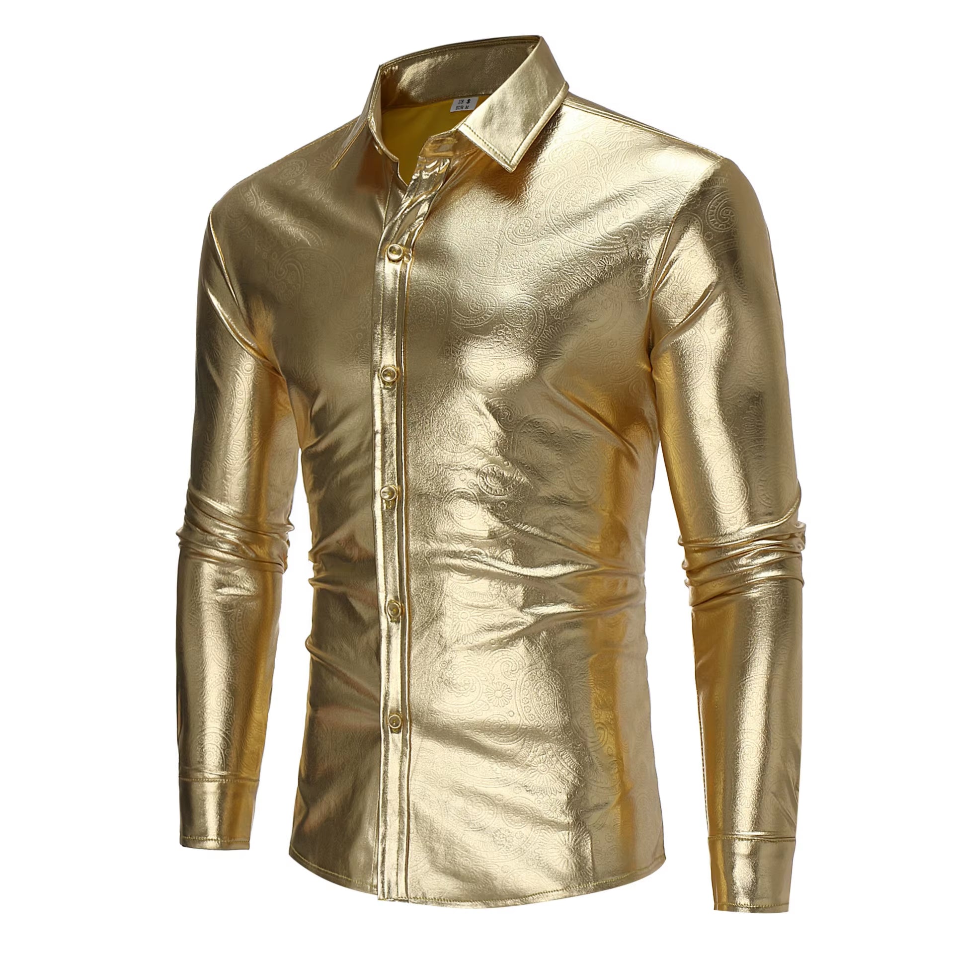Gold Shining Men'S Long Sleeve Shirt, Stage Performance Costume, Fashion Casual Shirts,European Size S-Xl,Silver Black Available