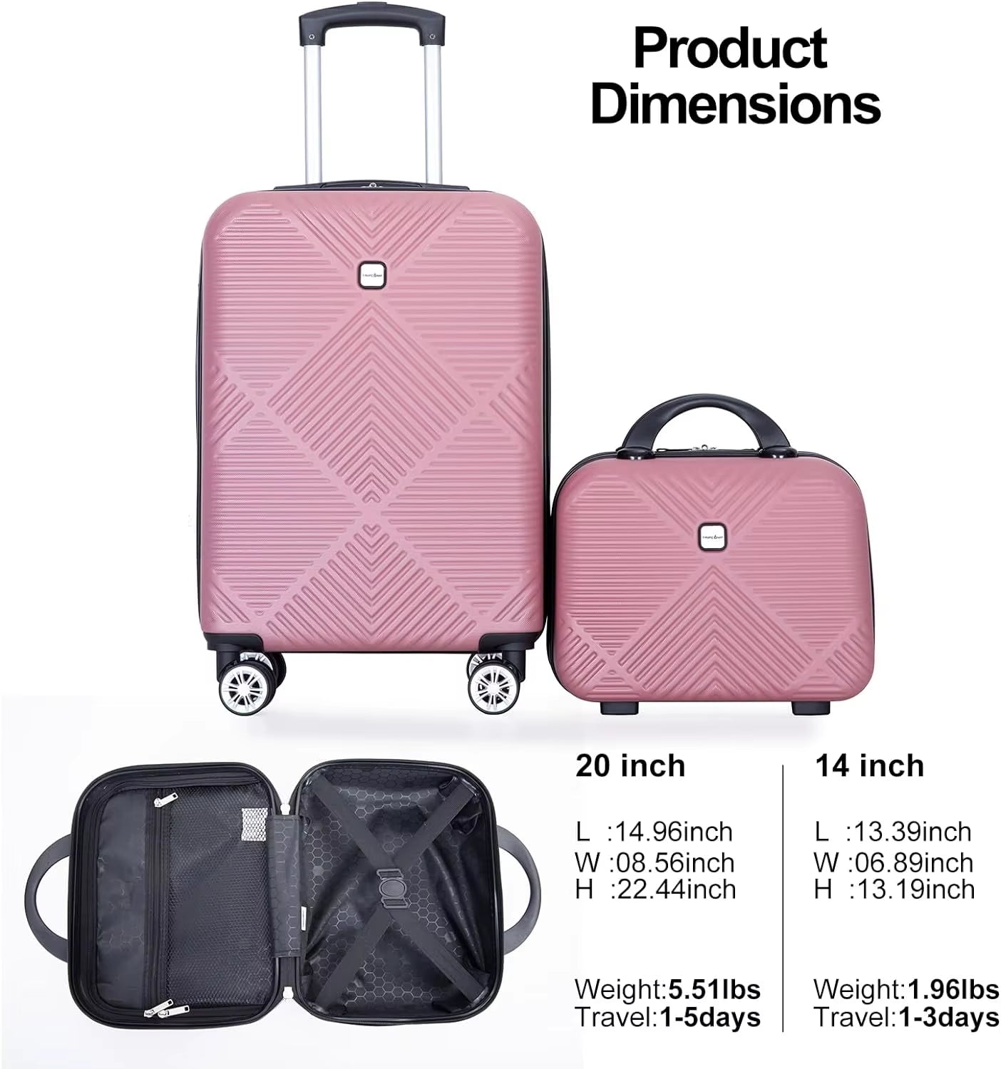 Luggage Sets 2 Piece Suitcase Set ABS Hardside Luggage with Spinner Wheels,Carry on Luggage with TSA Lock(14/20)