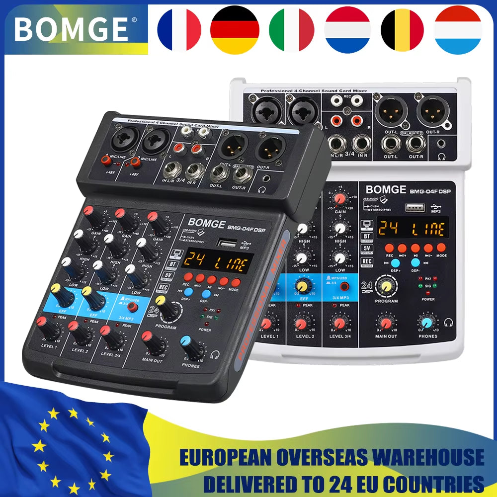 B 4 Channel 24 DSP DJ Audio Sound Mixer Interface Mixing Console Desktop Karaoke with MP3 Input USB Bluetooth Input Stereo