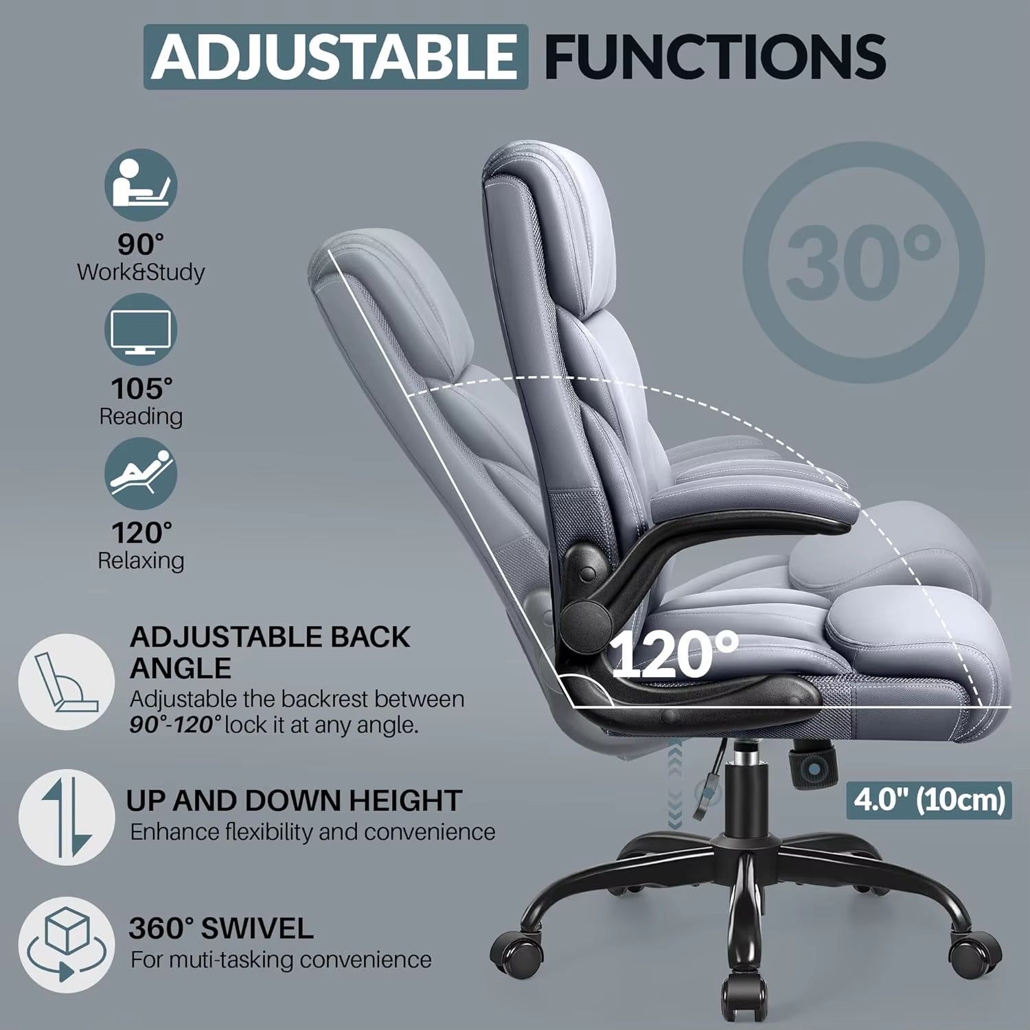 Ergonomic Leather Office Chair with Adjustable High Back and Flip-Up Armrests for Big and Tall Users, Customizable Lumbar Support