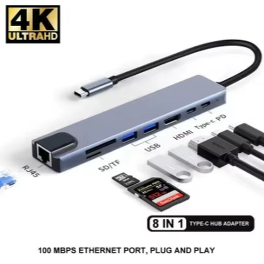 Fast Charge for Laptop Computer 8In1 Type C Hub USB C 8 in 1 USB3.1 to 4K HDMI Adapter with RJ45 SD/TF Card Reader PD