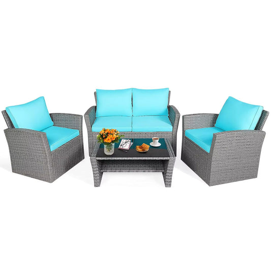 4 Pieces Patio Furniture Set, All Weather Outdoor Sectional Rattan Sofa Set with Cushions & Tempered Glass Table, Wicker Convers