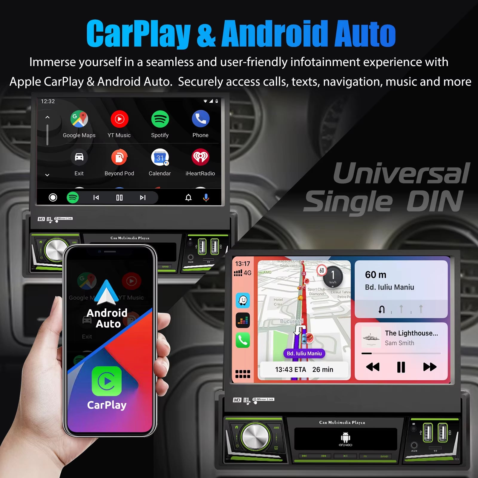 7Inch Single DIN 64G Flip Out Car Stereo Radio Carplay Android Auto Radio Bluetooth Touch Screen MP5 Player Head Unit GPS