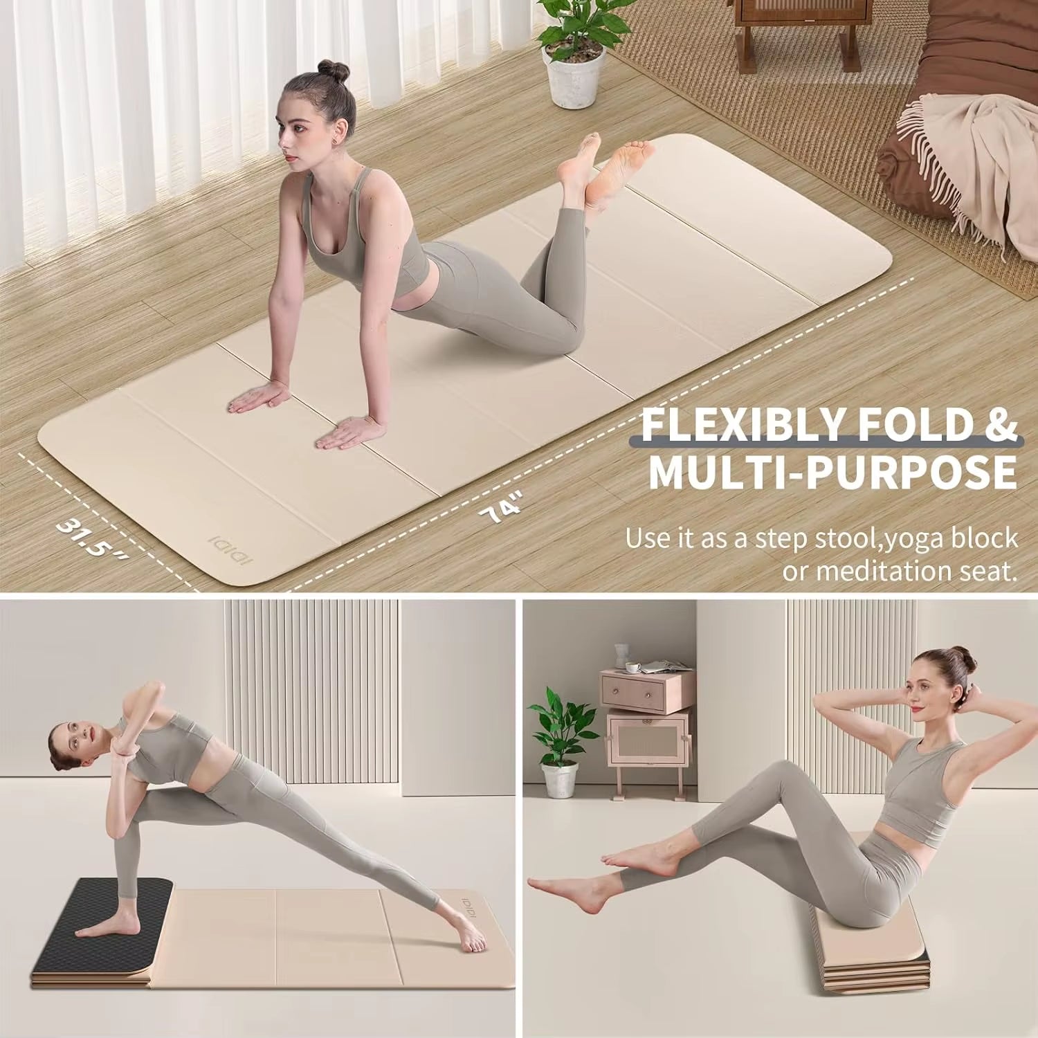 Foldable Yoga Mat Extra Thick & Large (74" X 31.5" X 0.32"), Double-Sided Non Slip & Lightweight Fitness Mat